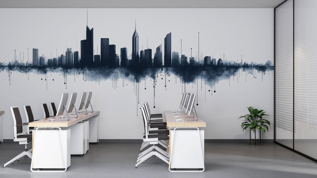 Abstract City Skyline Wall Decal Modern Office Wall Art Urban Business Wall Mural Peel And Stick Corporate Decor