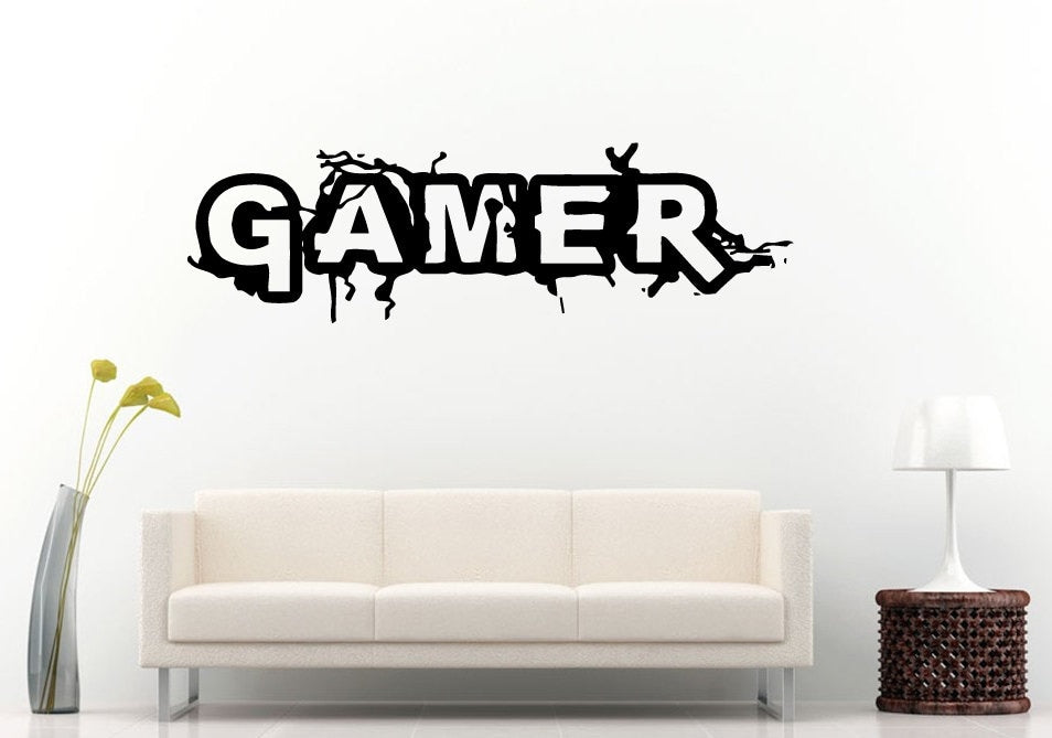 Gamer Word Logo Cracks Breaks Gaming Video Games Wall Decal Vinyl Sticker Mural Room Decor L912