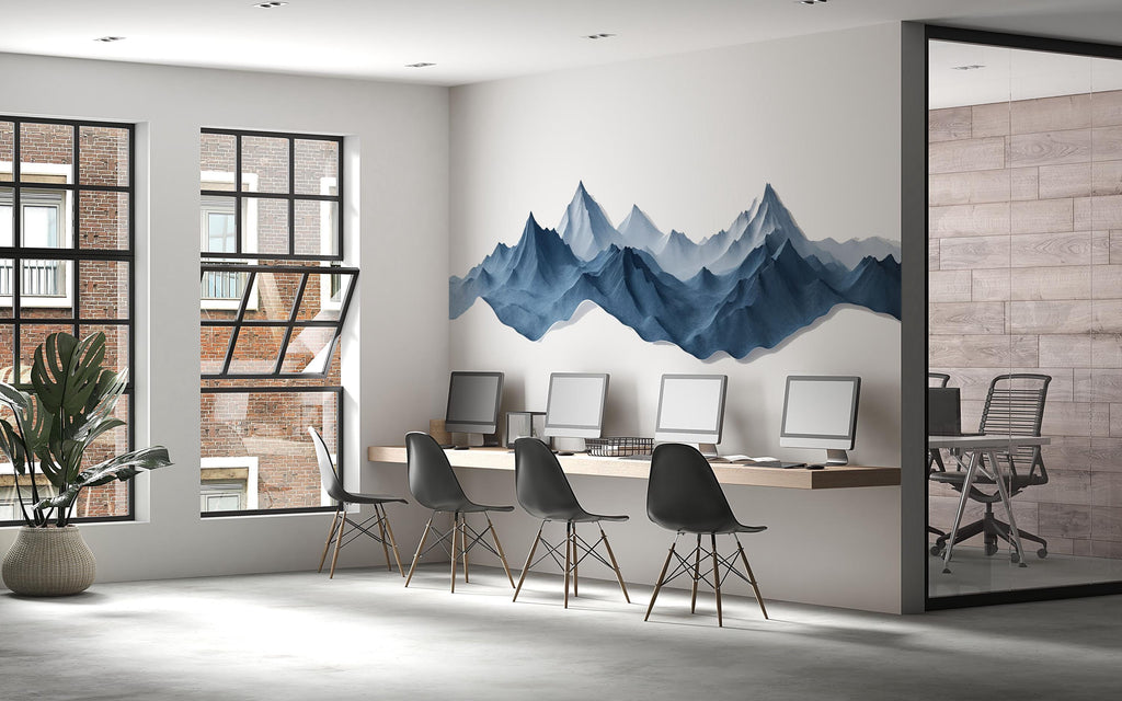 Blue Mountain Wall Decal Modern Office Wall Mural Abstract Mountain Landscape Peel And Stick Business Wall Art
