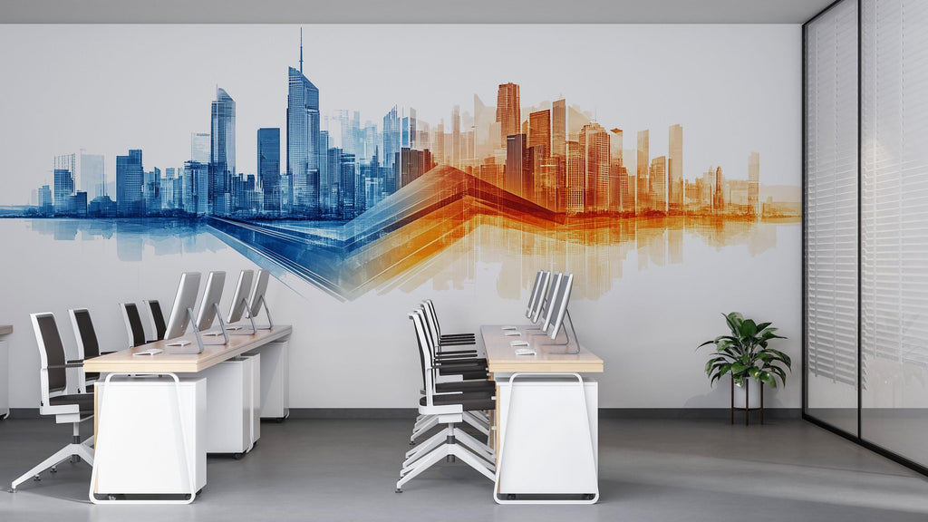 Modern City Skyline Wall Decal Office Wall Mural Abstract Business Growth Wall Art Peel And Stick Decor