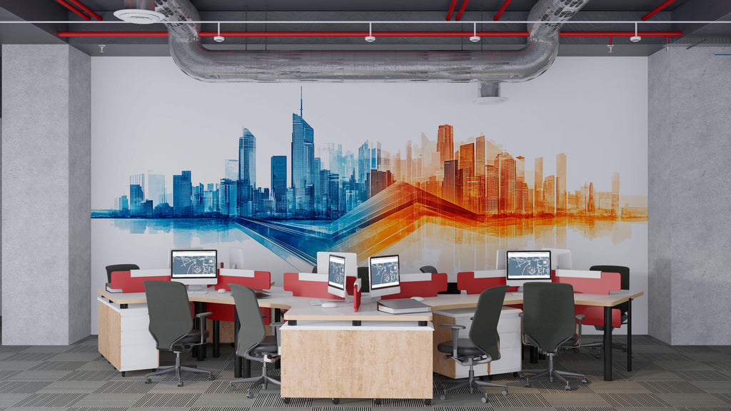 Modern City Skyline Wall Decal Office Wall Mural Abstract Business Growth Wall Art Peel And Stick Decor