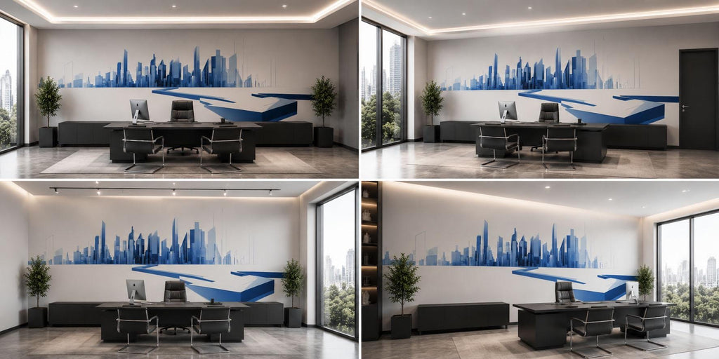 Blue City Skyline Wall Decal Modern Office Wall Mural Abstract Corporate Peel And Stick Wall Art Decor