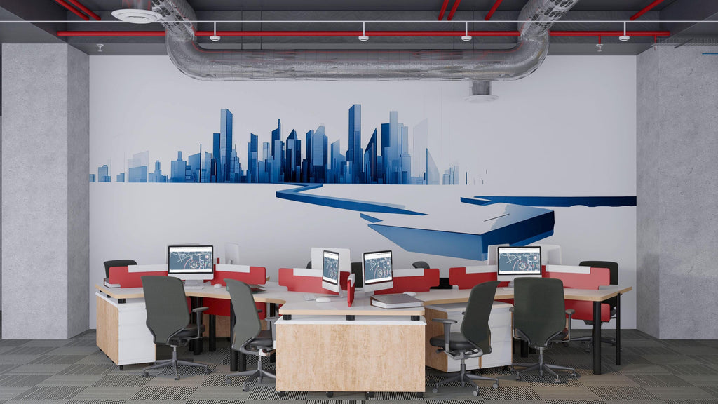 Blue City Skyline Wall Decal Modern Office Wall Mural Abstract Corporate Peel And Stick Wall Art Decor