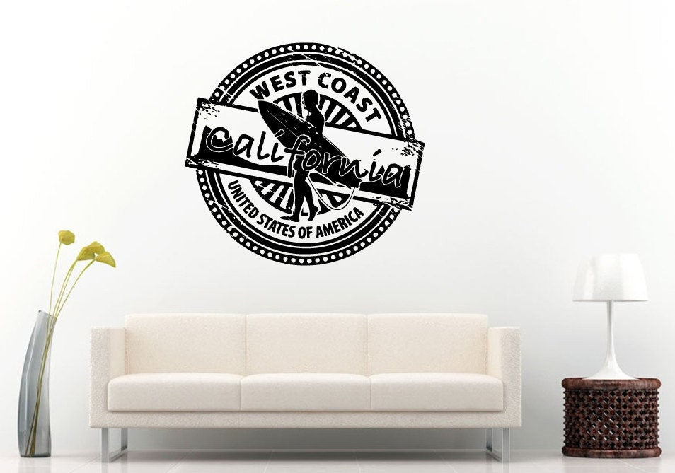 California West Coast Surfer Surfboard Stamp Logo Emblem Wall Decal Vinyl Sticker Mural Room Decor L913