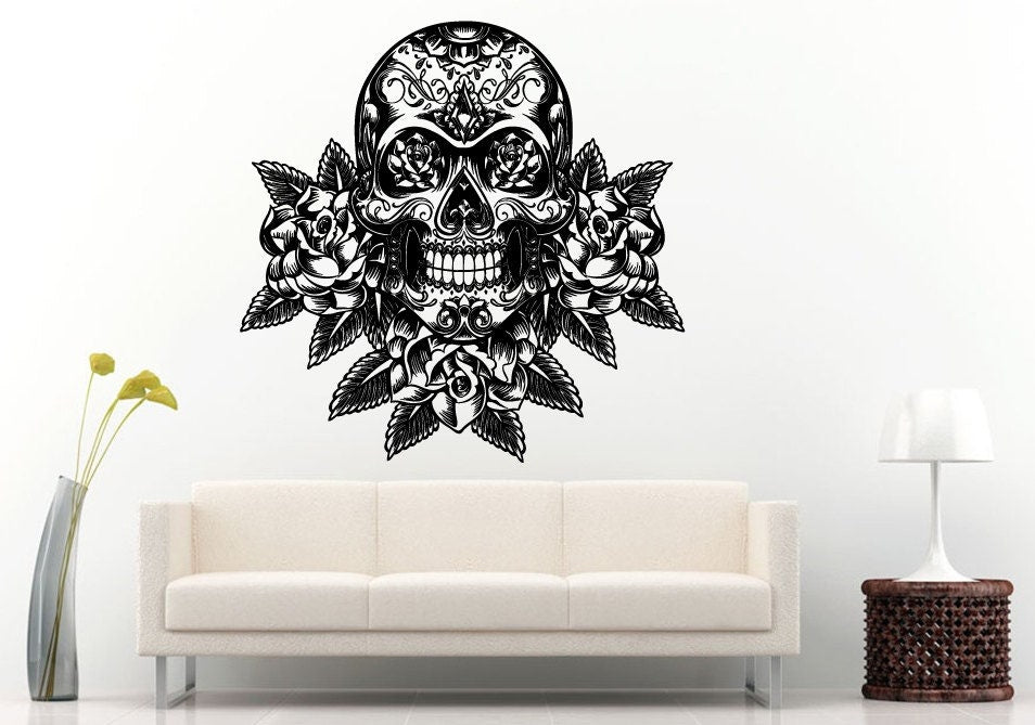 Sugar Skull Rose Skull And Roses Wall Decal Vinyl Sticker Mural Room Decor L916