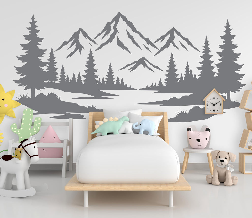 Mountain Forest Wall Decal for Kids Room | Pine Tree Nursery Wall Sticker | Adventure Nursery Decor | Mountain Wall Art Decal 1148RS