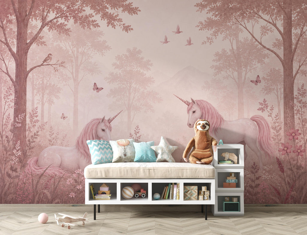 Pink Unicorn Wallpaper Peel and Stick, Fantasy Forest Nursery Wall Mural, Pastel Girls Room Decor, Fairytale Wallpaper 849LU