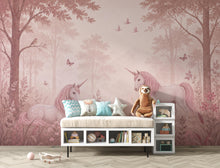 Load image into Gallery viewer, Pink Unicorn Wallpaper Peel and Stick, Fantasy Forest Nursery Wall Mural, Pastel Girls Room Decor, Fairytale Wallpaper 849LU