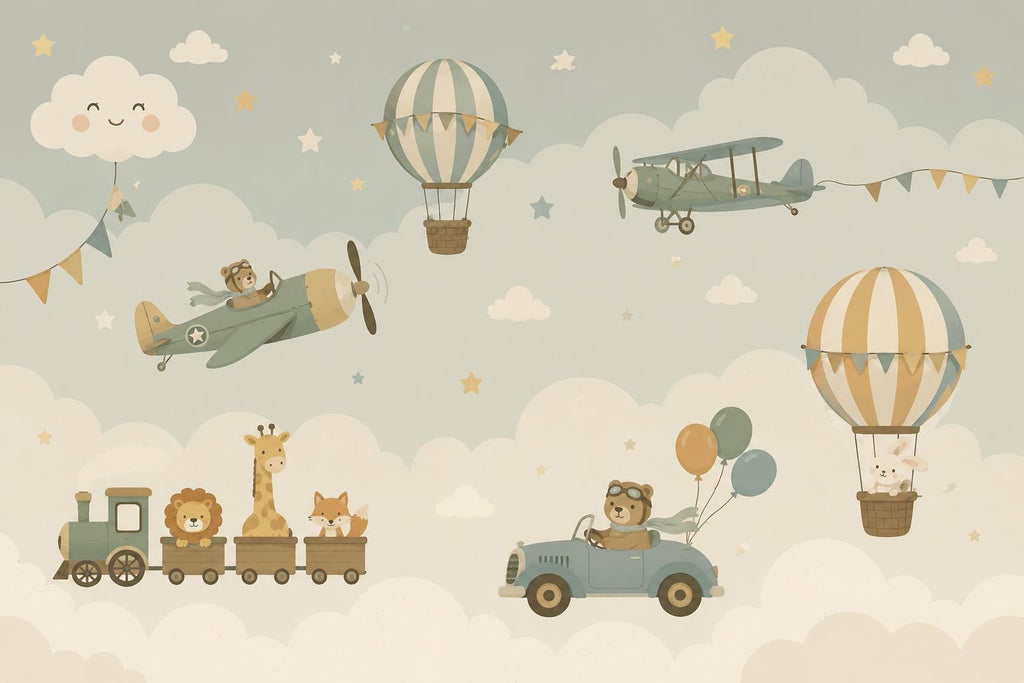 Adventure Nursery Wallpaper Peel and Stick, Airplane Hot Air Balloon Train Car & Animals Kids Wall Mural, Neutral Baby Room Wallpaper 850LU