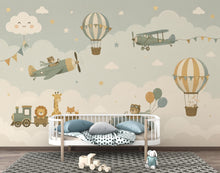 Load image into Gallery viewer, Adventure Nursery Wallpaper Peel and Stick, Airplane Hot Air Balloon Train Car &amp; Animals Kids Wall Mural, Neutral Baby Room Wallpaper 850LU
