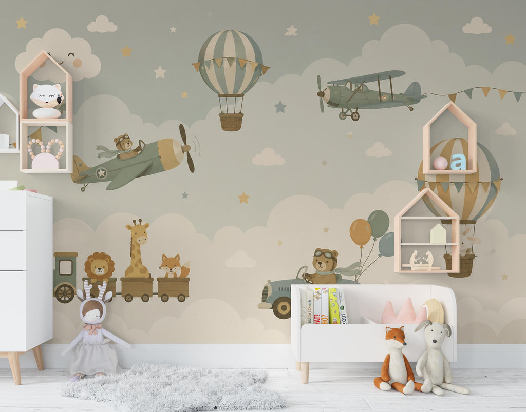 Adventure Nursery Wallpaper Peel and Stick, Airplane Hot Air Balloon Train Car & Animals Kids Wall Mural, Neutral Baby Room Wallpaper 850LU