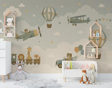 Load image into Gallery viewer, Adventure Nursery Wallpaper Peel and Stick, Airplane Hot Air Balloon Train Car &amp; Animals Kids Wall Mural, Neutral Baby Room Wallpaper 850LU