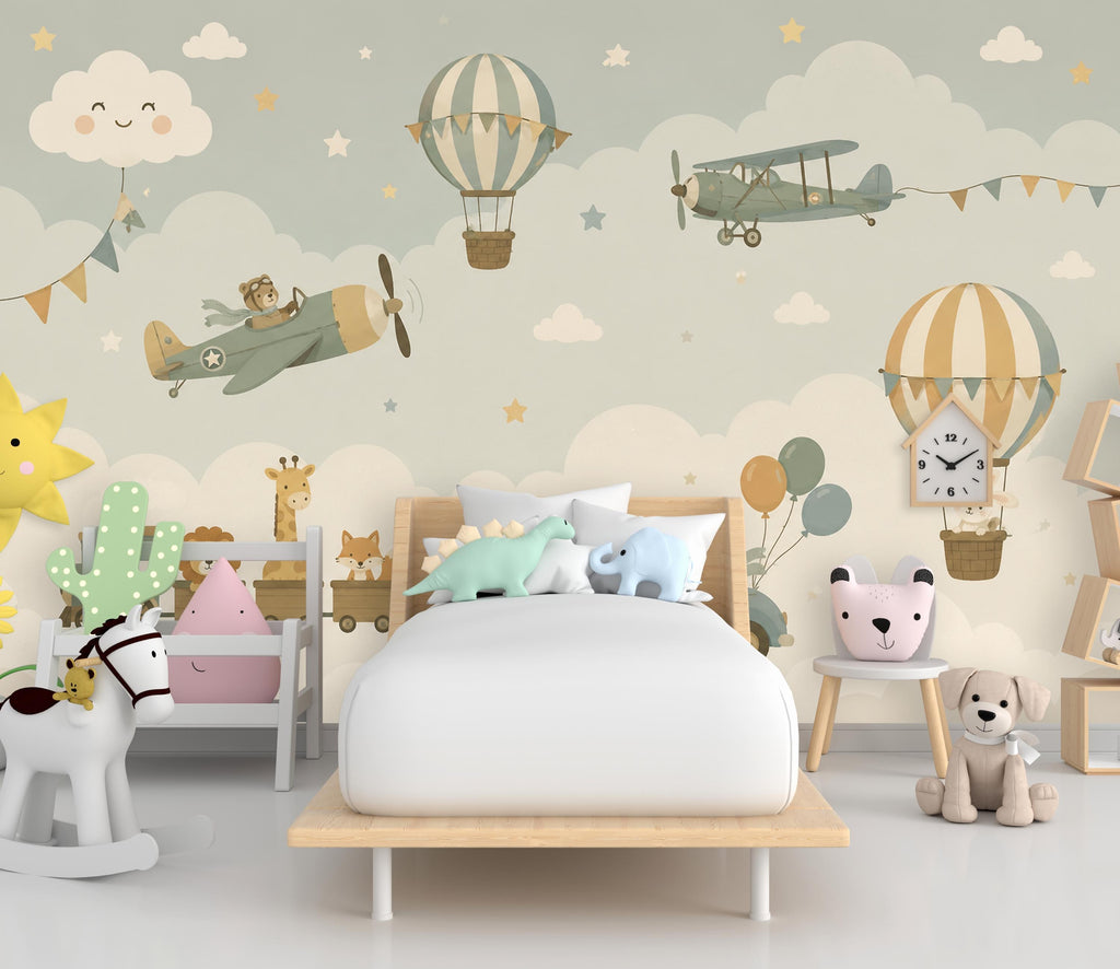 Adventure Nursery Wallpaper Peel and Stick, Airplane Hot Air Balloon Train Car & Animals Kids Wall Mural, Neutral Baby Room Wallpaper 850LU