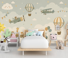 Load image into Gallery viewer, Adventure Nursery Wallpaper Peel and Stick, Airplane Hot Air Balloon Train Car &amp; Animals Kids Wall Mural, Neutral Baby Room Wallpaper 850LU