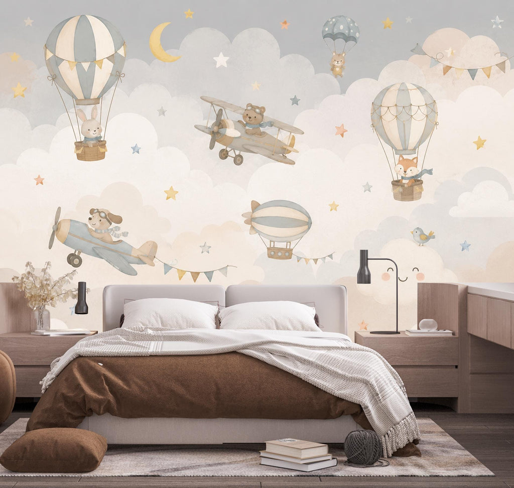 Vintage Airplane Nursery Wallpaper Peel and Stick, Hot Air Balloon Baby Wall Mural, Neutral Kids Room Decor, Woodland Animals Mural 851LU