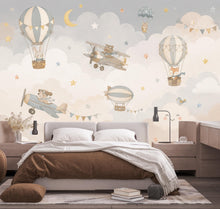 Load image into Gallery viewer, Vintage Airplane Nursery Wallpaper Peel and Stick, Hot Air Balloon Baby Wall Mural, Neutral Kids Room Decor, Woodland Animals Mural 851LU