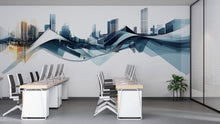 Load image into Gallery viewer, Abstract City Skyline Wall Decal Modern Office Wall Mural Blue Gold Corporate Peel And Stick Wall Art Large Business Decor