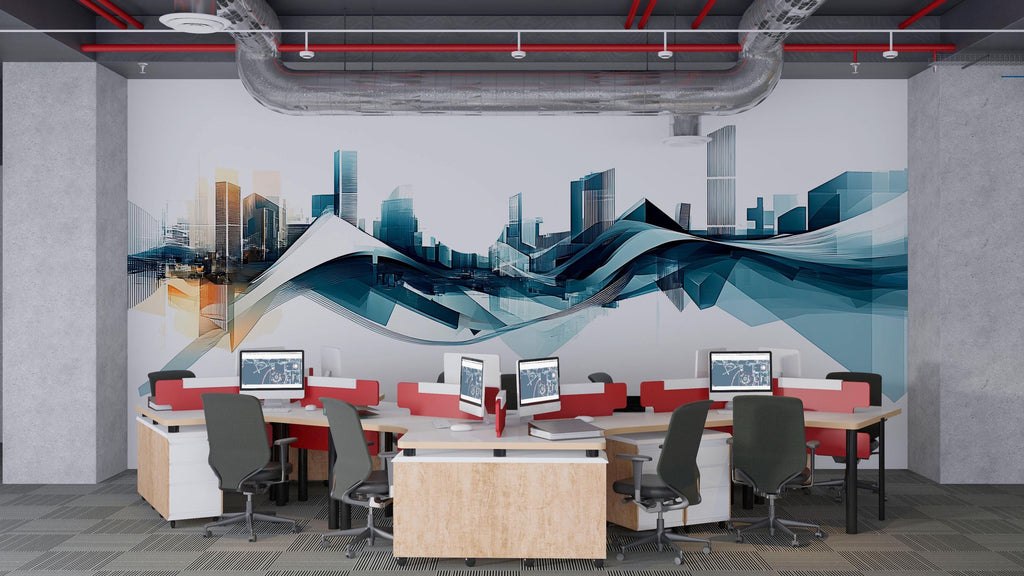 Abstract City Skyline Wall Decal Modern Office Wall Mural Blue Gold Corporate Peel And Stick Wall Art Large Business Decor
