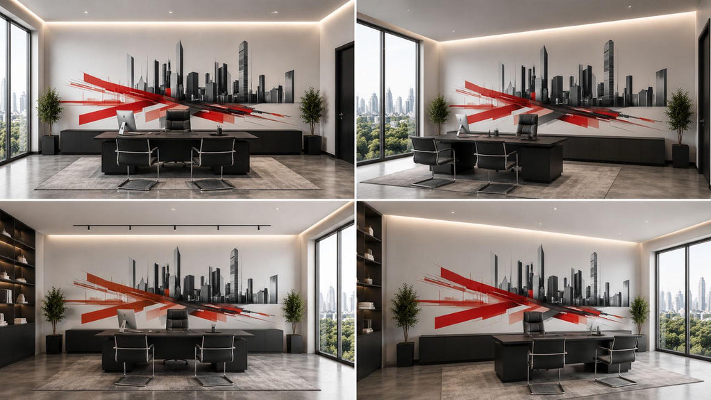 Modern City Skyline Wall Decal Red Black Office Wall Mural Corporate Peel And Stick Wall Art Startup Workspace Decor