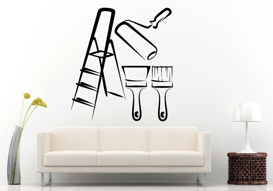Set Of Repair Tools Latter Paint Brush Roller Wall Decal Vinyl Sticker Mural Room Decor L935
