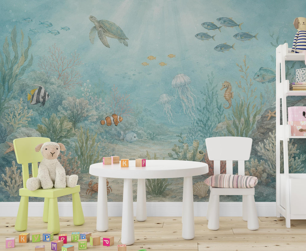 Underwater Nursery Wallpaper Peel and Stick, Ocean Wall Mural, Sea Life Kids Room Decor, Coastal Baby Wallpaper 852LU