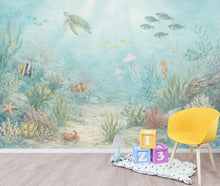 Load image into Gallery viewer, Underwater Nursery Wallpaper Peel and Stick, Ocean Wall Mural, Sea Life Kids Room Decor, Coastal Baby Wallpaper 852LU