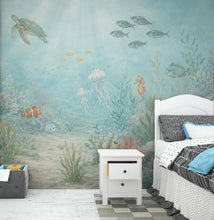 Load image into Gallery viewer, Underwater Nursery Wallpaper Peel and Stick, Ocean Wall Mural, Sea Life Kids Room Decor, Coastal Baby Wallpaper 852LU