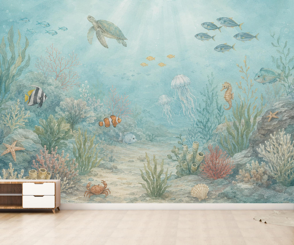 Underwater Nursery Wallpaper Peel and Stick, Ocean Wall Mural, Sea Life Kids Room Decor, Coastal Baby Wallpaper 852LU