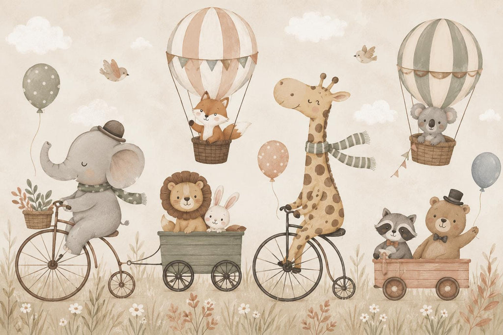 Safari Animal Nursery Wallpaper Peel and Stick, Giraffe Bicycle Wall Mural, Neutral Baby Room Kids Wallpaper, Boho Woodland Animals 853LU
