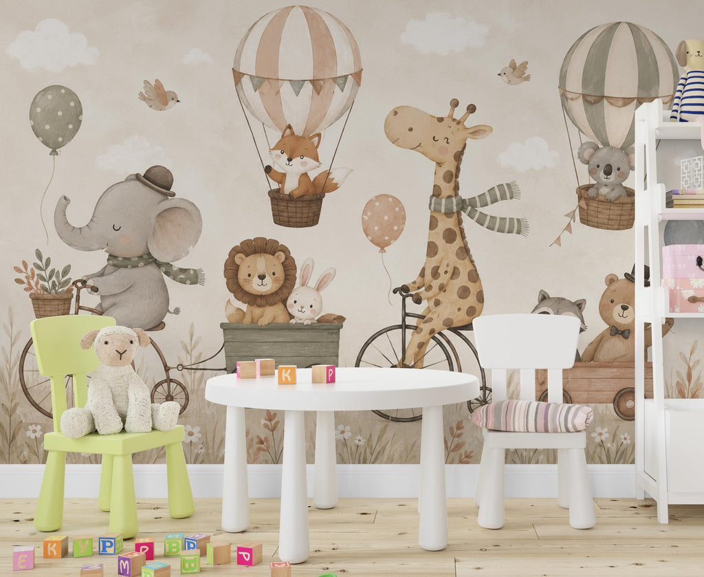 Safari Animal Nursery Wallpaper Peel and Stick, Giraffe Bicycle Wall Mural, Neutral Baby Room Kids Wallpaper, Boho Woodland Animals 853LU