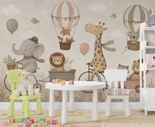 Load image into Gallery viewer, Safari Animal Nursery Wallpaper Peel and Stick, Giraffe Bicycle Wall Mural, Neutral Baby Room Kids Wallpaper, Boho Woodland Animals 853LU