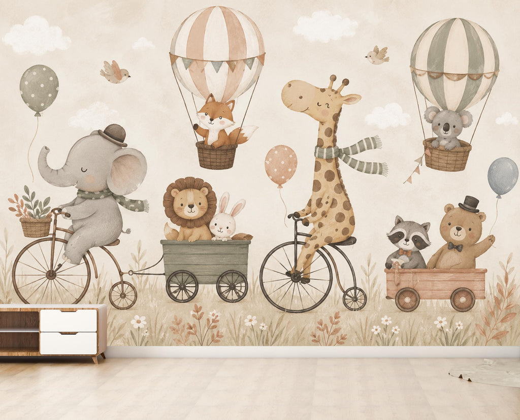 Safari Animal Nursery Wallpaper Peel and Stick, Giraffe Bicycle Wall Mural, Neutral Baby Room Kids Wallpaper, Boho Woodland Animals 853LU