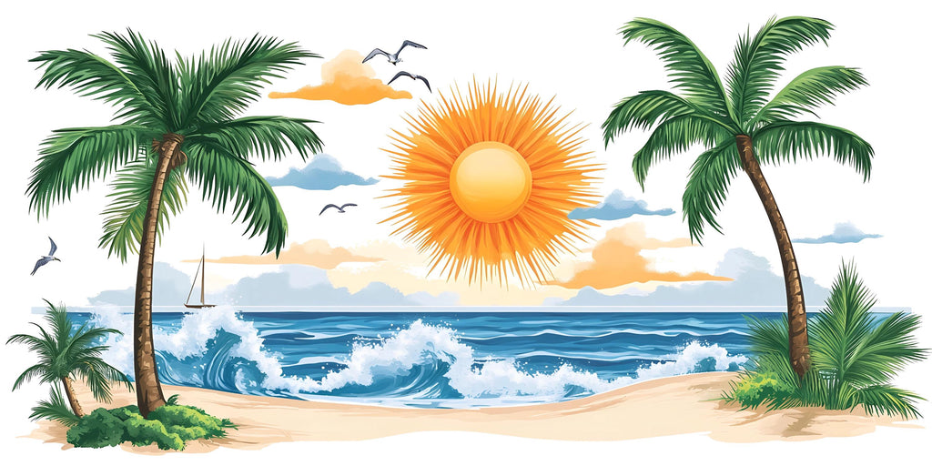 Tropical Beach Wall Decal, Palm Tree Wall Sticker, Coastal Ocean Wall Art, Airbnb Decor, Vacation Rental Wall Mural, Resort Style Decor