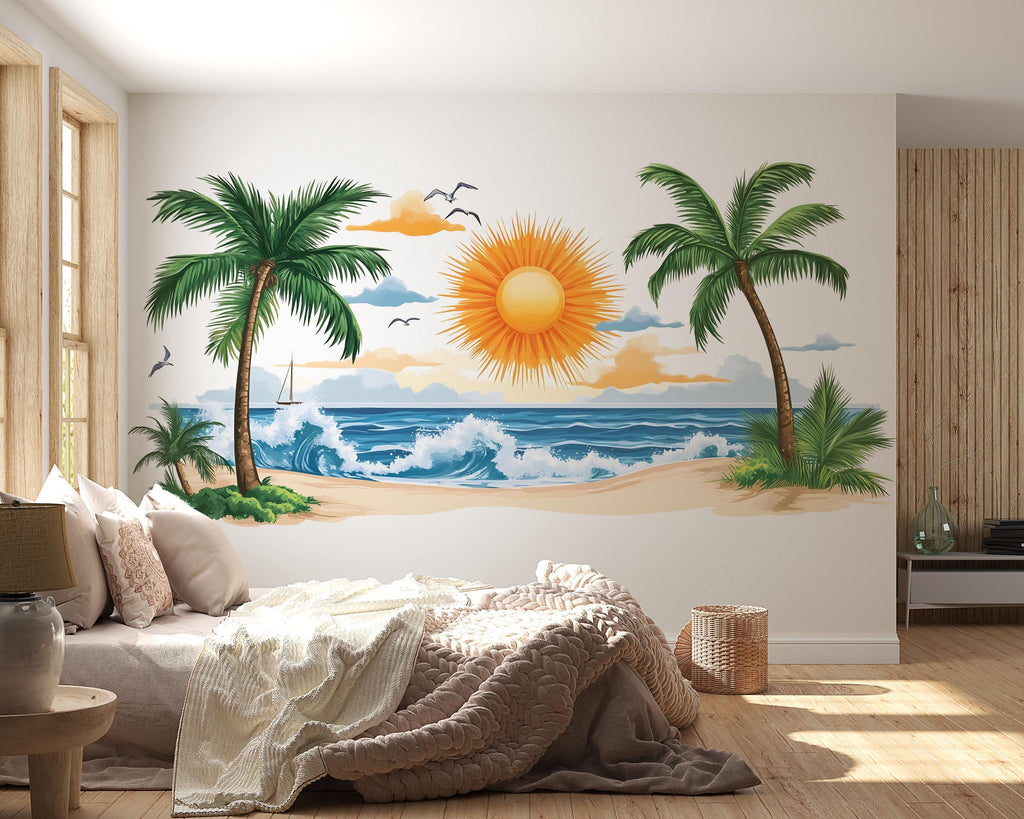 Tropical Beach Wall Decal, Palm Tree Wall Sticker, Coastal Ocean Wall Art, Airbnb Decor, Vacation Rental Wall Mural, Resort Style Decor