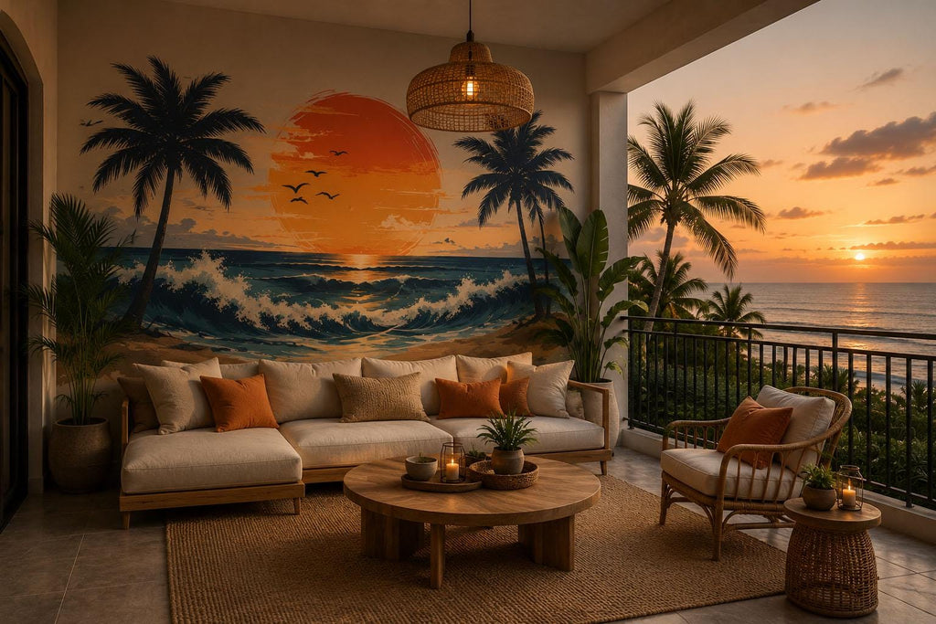 Tropical Sunset Beach Wall Decal, Coastal Ocean Wall Sticker, Palm Tree Sunset Mural, Airbnb Beach House Decor, Tropical Vacation Wall Art