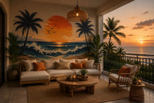 Load image into Gallery viewer, Tropical Sunset Beach Wall Decal, Coastal Ocean Wall Sticker, Palm Tree Sunset Mural, Airbnb Beach House Decor, Tropical Vacation Wall Art