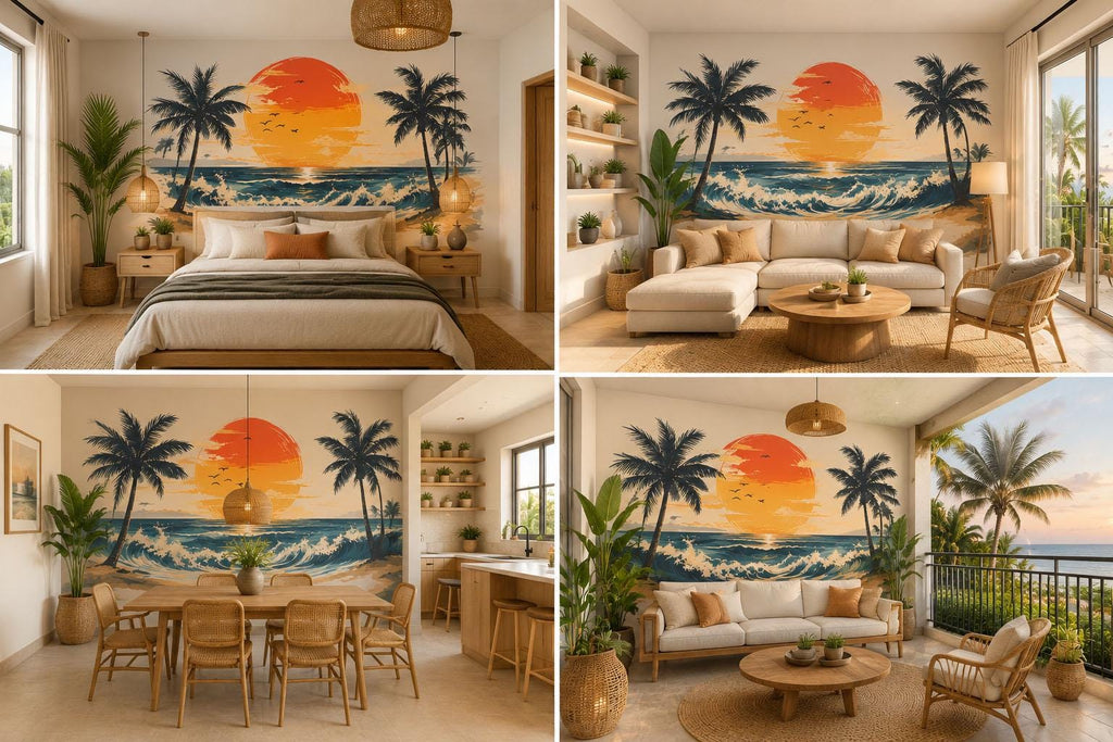 Tropical Sunset Beach Wall Decal, Coastal Ocean Wall Sticker, Palm Tree Sunset Mural, Airbnb Beach House Decor, Tropical Vacation Wall Art