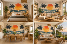 Load image into Gallery viewer, Tropical Sunset Beach Wall Decal, Coastal Ocean Wall Sticker, Palm Tree Sunset Mural, Airbnb Beach House Decor, Tropical Vacation Wall Art
