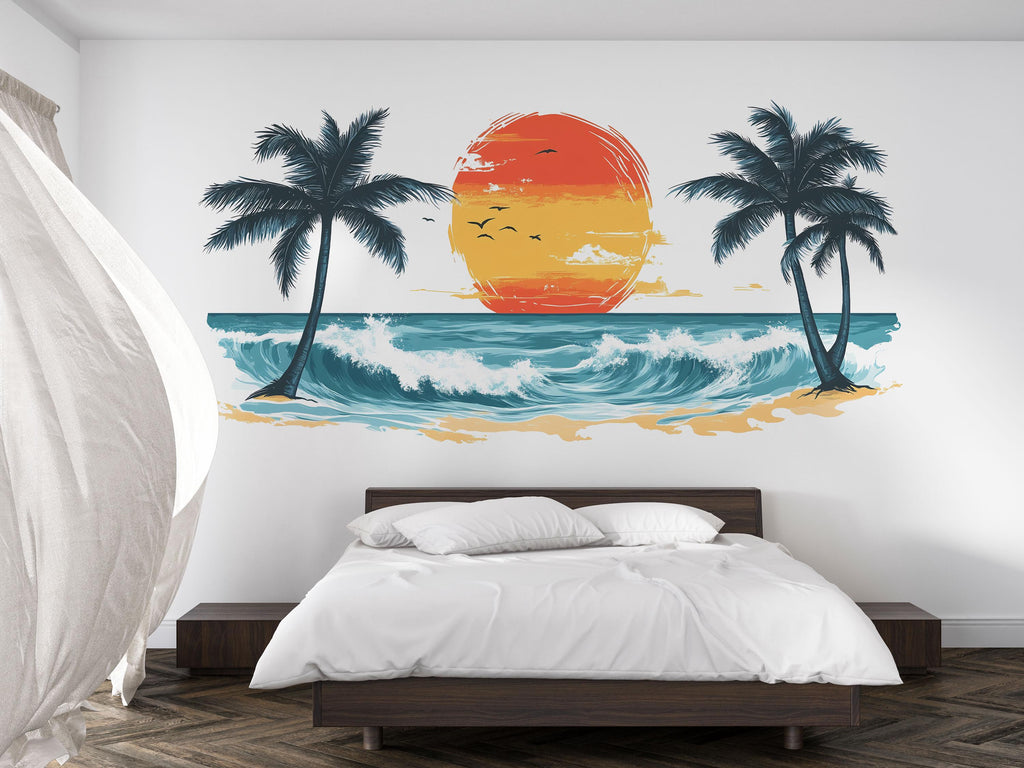 Tropical Sunset Beach Wall Decal, Coastal Ocean Wall Sticker, Palm Tree Sunset Mural, Airbnb Beach House Decor, Tropical Vacation Wall Art