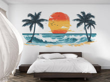 Load image into Gallery viewer, Tropical Sunset Beach Wall Decal, Coastal Ocean Wall Sticker, Palm Tree Sunset Mural, Airbnb Beach House Decor, Tropical Vacation Wall Art