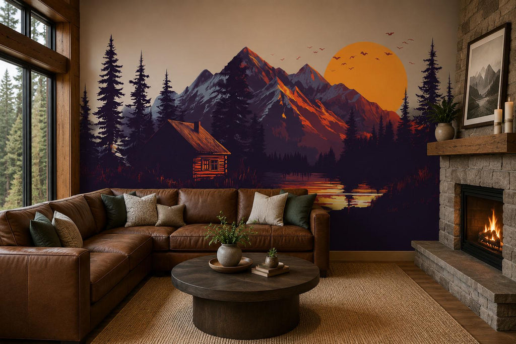 Mountain Cabin Wall Decal, Rustic Lodge Wall Mural, Forest Sunset Wall Art, Airbnb Cabin Decor, Woodland Mountain Wall Sticker