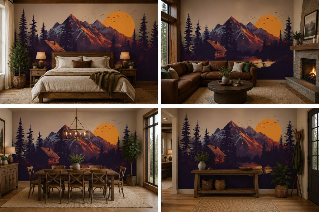 Mountain Cabin Wall Decal, Rustic Lodge Wall Mural, Forest Sunset Wall Art, Airbnb Cabin Decor, Woodland Mountain Wall Sticker