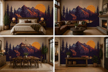 Load image into Gallery viewer, Mountain Cabin Wall Decal, Rustic Lodge Wall Mural, Forest Sunset Wall Art, Airbnb Cabin Decor, Woodland Mountain Wall Sticker
