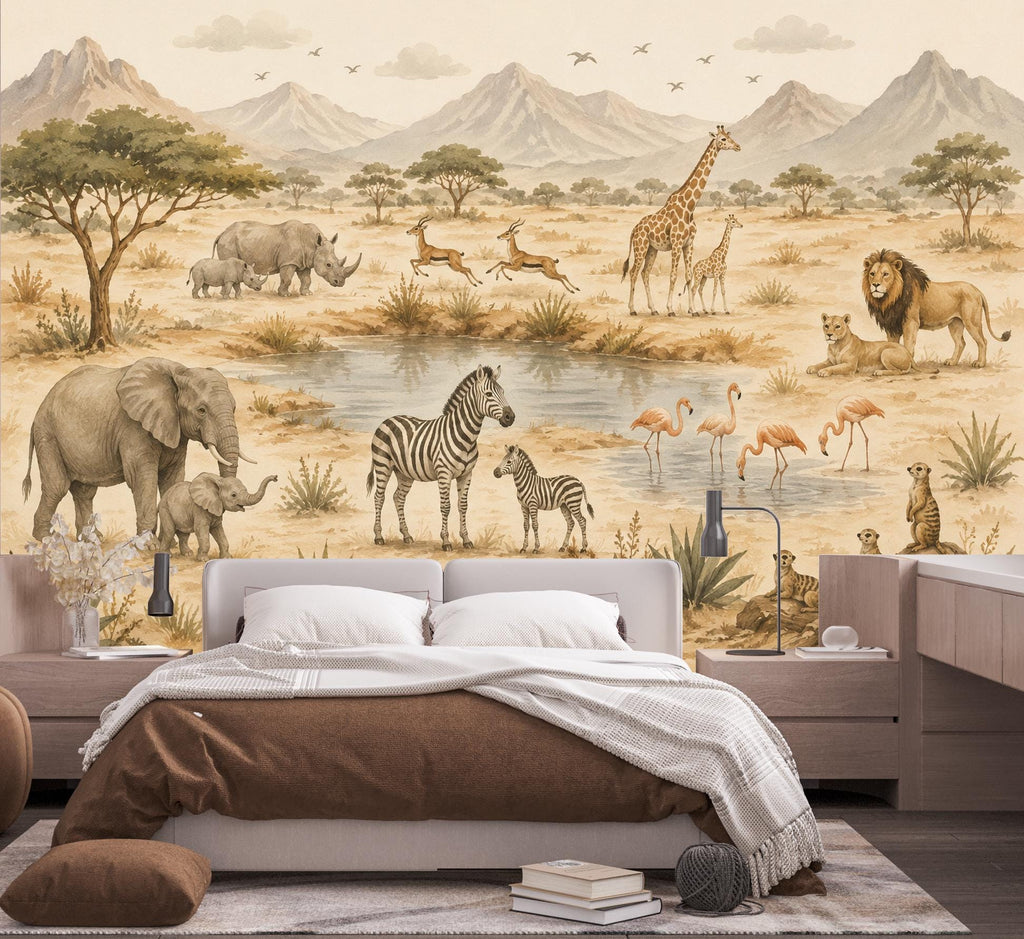 Safari Nursery Wallpaper Mural, Watercolor Jungle Animals Wall Mural, Safari Baby Room Decor, Giraffe Elephant Zebra Wallpaper 854LU