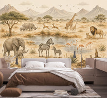 Load image into Gallery viewer, Safari Nursery Wallpaper Mural, Watercolor Jungle Animals Wall Mural, Safari Baby Room Decor, Giraffe Elephant Zebra Wallpaper 854LU