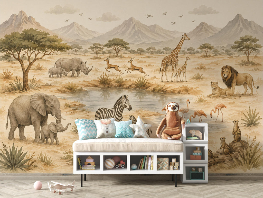 Safari Nursery Wallpaper Mural, Watercolor Jungle Animals Wall Mural, Safari Baby Room Decor, Giraffe Elephant Zebra Wallpaper 854LU