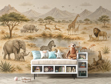 Load image into Gallery viewer, Safari Nursery Wallpaper Mural, Watercolor Jungle Animals Wall Mural, Safari Baby Room Decor, Giraffe Elephant Zebra Wallpaper 854LU