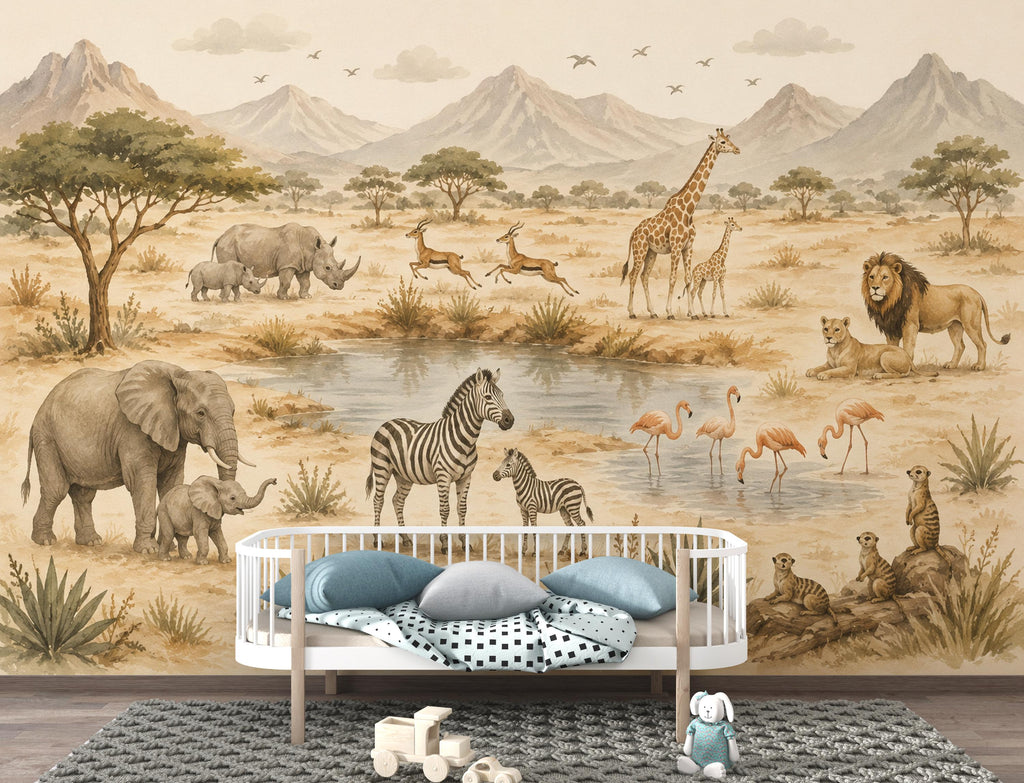 Safari Nursery Wallpaper Mural, Watercolor Jungle Animals Wall Mural, Safari Baby Room Decor, Giraffe Elephant Zebra Wallpaper 854LU