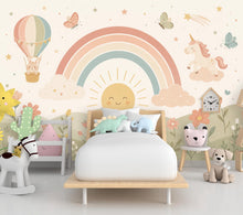 Load image into Gallery viewer, Pastel Rainbow Nursery Wallpaper, Unicorn Kids Wall Mural, Boho Baby Room Decor, Whimsical Floral Wall Art 855LU