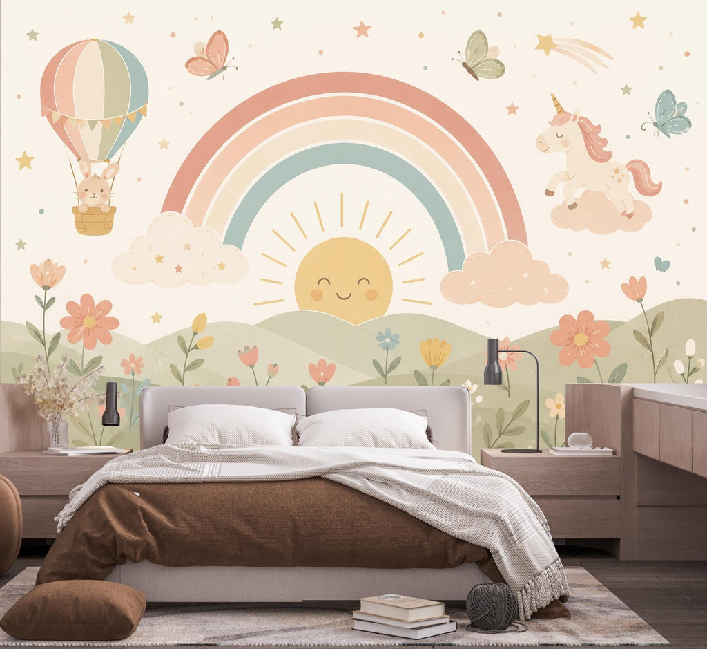 Pastel Rainbow Nursery Wallpaper, Unicorn Kids Wall Mural, Boho Baby Room Decor, Whimsical Floral Wall Art 855LU